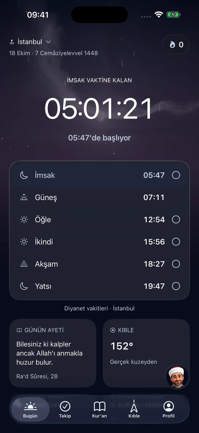 Secda ana ekranı: İstanbul namaz vakitleri, vakte kalan süre ve günlük ayet